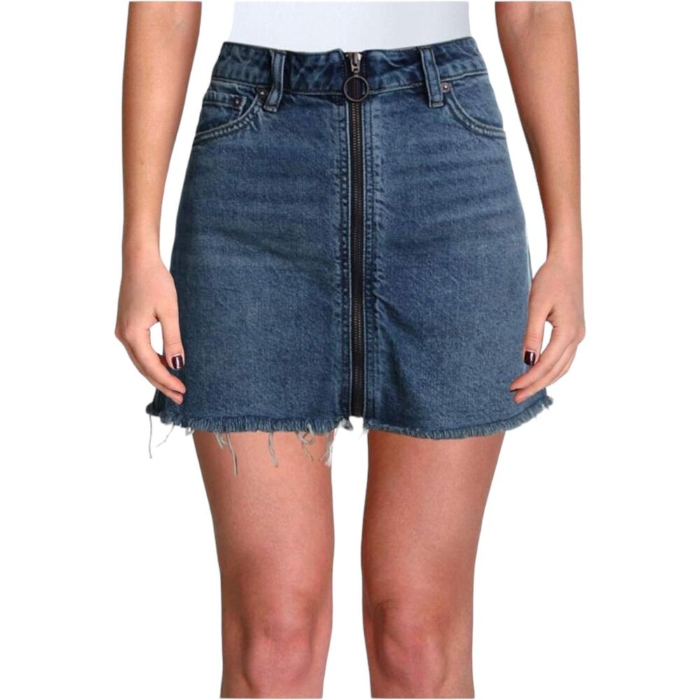We the Free People Women's Denim Frayed Hem Mini Skirt Zipper Front Size 24